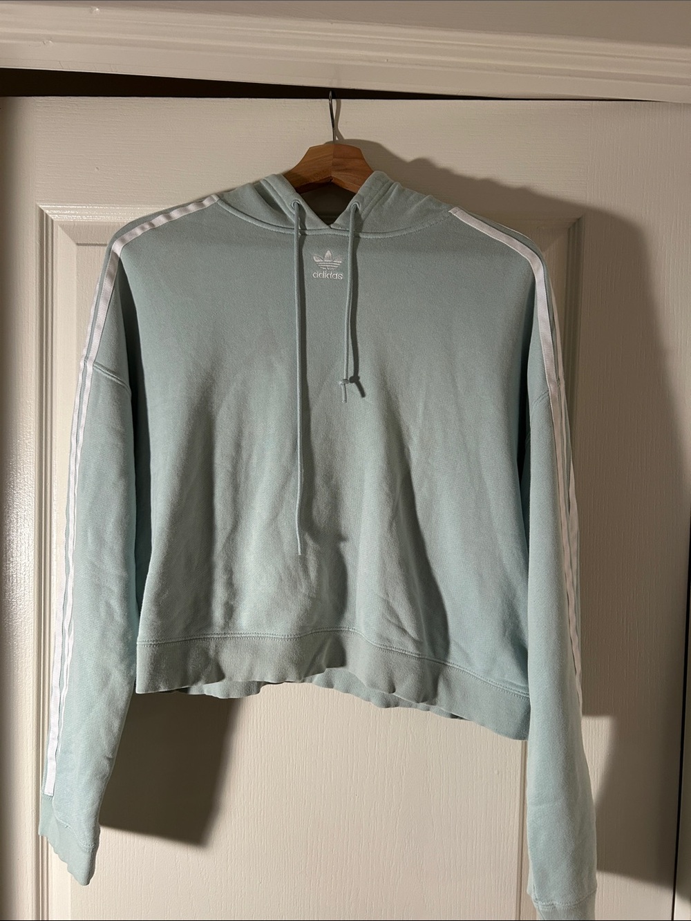 adidas Light Blue Cropped Hooded Sweatshirt with White Stripes